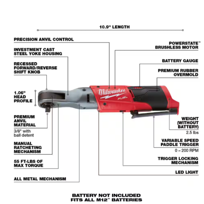 M12 FUEL 12V Lithium-Ion Brushless Cordless 3/8 in. Ratchet (Tool-Only)